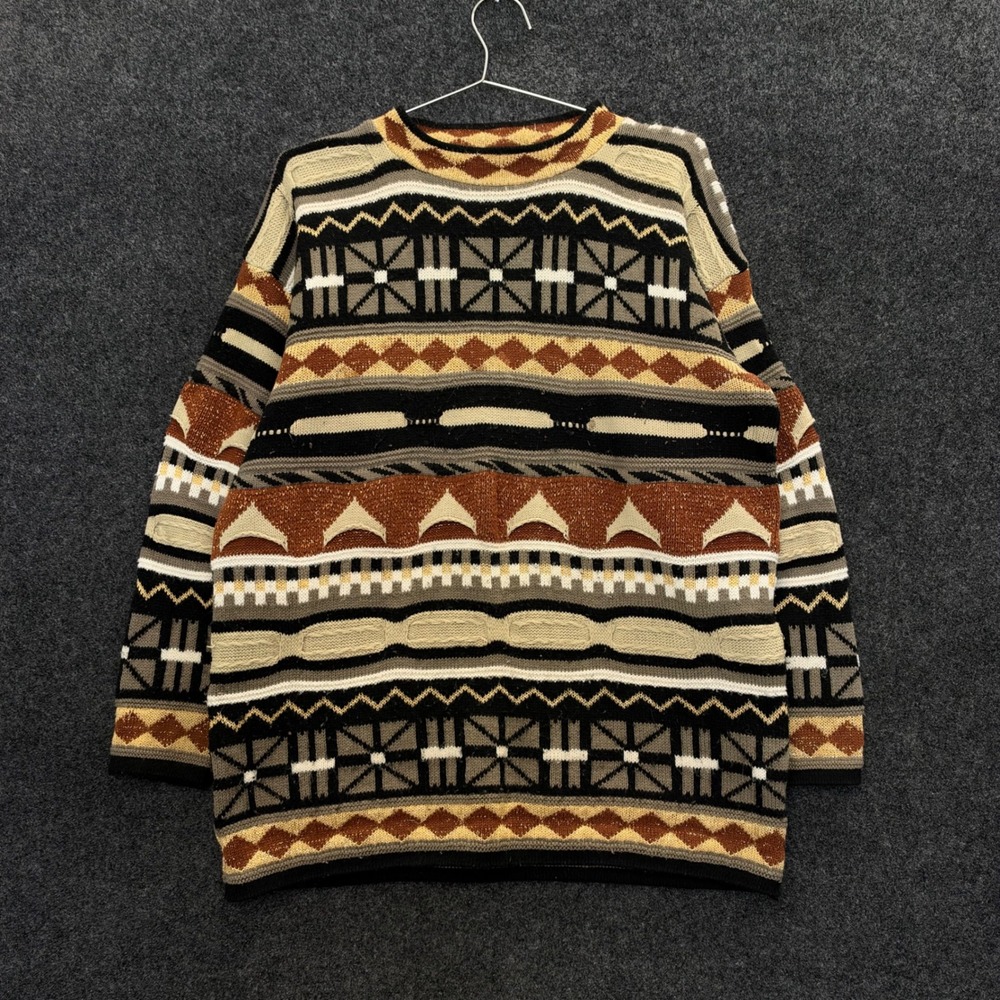 Vintage 3D Chunky Knit Sweater Geometric Earth Tone Metallic Pullover L/XL